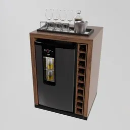 "Enjoy stylish drinks at your virtual restaurant bar with the 'Compact Bar' 3D model by An Gyeon. Featuring a sleek black and gold design, walnut wood accents, and laboratory equipment for creating Chianti Molotov cocktails. Perfect for Blender 3D renders with the cycles render engine."