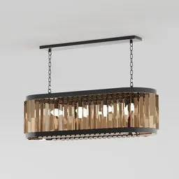 "Oval smoke crystal ceiling light with chain in oak and rose gold finish - Nemo 3D model for Blender 3D. Ideal for a nightclub-inspired atmosphere, with 8x25W bulbs. Lamp size 95x33x28 cm, overall height 61 cm."