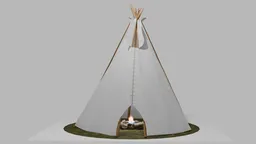 3D model of a traditional Native American tipi with detailed textures and fire pit, compatible with Blender.