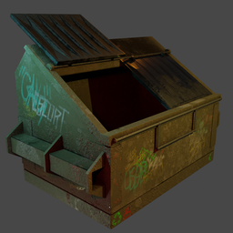 "Highly-detailed green industrial garbage container with graffiti, perfect for enhancing street design. Vray-rendered and ultra high quality model, created in Blender 3D. Top lid included for added realism and versatility."