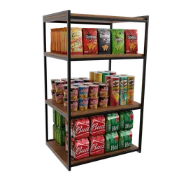 "3D model of a shopping-retail product gondola in Blender 3D. Features shelves with various snacks and drinks, a tall and thin frame, and stanchions. Ideal for use in virtual store setups and videogame assets."