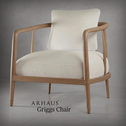 Photorealistic 3D model of a beige cushioned armchair with wooden frame, ideal for Blender rendering.