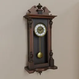 "Antique Victorian Vienna Wall Clock 3D model with walnut case, turned columns, and animated pendulum. Inspired by Thomas Kinkade, this detailed clock is perfect for 3D rendering projects in Blender 3D."
