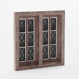 "Medieval-style low-poly wooden window with glass panes in dark muted colors, inspired by Henricus Hondius II and Mikhail Evstafiev. Perfect for game assets in Blender 3D."