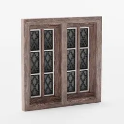 "Medieval-style low-poly wooden window with glass panes in dark muted colors, inspired by Henricus Hondius II and Mikhail Evstafiev. Perfect for game assets in Blender 3D."