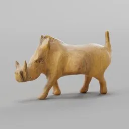 Detailed wooden warthog statue 3D model, ideal for Blender 3D projects, showcasing intricate textures and realism.