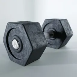 "Hexagonal Dumbbell 3D model for Blender 3D - realistic render with soft focus and perforated metal texture. Perfect for gym equipment visuals. Procedural and image textures included."