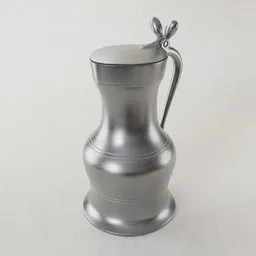"3D model of a metal pot in colonial style, textured with Substance in 4K PBR material. Designed for use in Blender 3D software, this asset features a silver vase with a handle on a white surface, ideal for industrial or steam-themed projects."