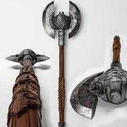 "Medieval battle relic, "Dublle ex2" historic military 3D model for Blender 3D. Featuring highly detailed stylized weapons including a giant axe and metallic scepter, inspired by Henric Trenk. Perfect for fantasy miniature and historical reconstruction projects."