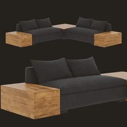 Detailed 3D model of a modern charcoal sectional sofa with integrated wooden side tables for Blender rendering.