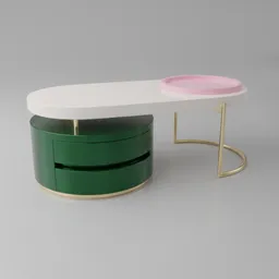 "Gold and luxury coffee table design in Blender 3D by Ambreen Butt and Kim Jeong-hui, featuring a pink plate on top and a lockbox. Weiali Concept coffee table inspired by Hirohiko Araki, with rounded edges and justified center contents."