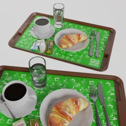 "Get your 3D scene ready with this restaurant and bar themed coffee and croissant set. Featuring French-inspired cloth accessories and white coffee cups, and rendered with a digital art tray tracing, this model is perfect for your morning atmosphere. Created with Blender 3D software."