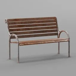 "Street bench 6, a weathered outdoor design with wooden seat, metal arms, and frame. This 3D model, created with Blender 3D, features rusty metal plating and damaged arms for a realistic touch. Enhance your street scenes with this park-inspired bench for Blender 3D."