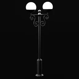 Highly detailed Blender 3D model of a dual-lamp street light with ornate metalwork on a black backdrop, compatible with industrial scenes.