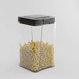 Realistic 3D-rendered macaroni in transparent storage container with black lid, optimized for Blender use.