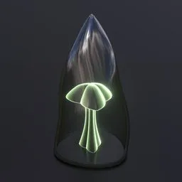 "3D model of a Decor Glass Flask with glowing mushroom inside, rendered using path tracing in Blender 3D. The image features greenish lighting and a black background for a stunning visual effect."