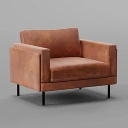 Highly detailed cognac-colored 3D single-seater sofa model created in Blender, suitable for interior design renderings.