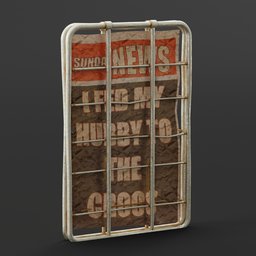 "3D model of a newspaper headline featuring a fictional story from North Queensland Australia. Hand-painted textures provide a unique style inspired by Apex Legends and Ray Crooke. The scene also includes a 7 Days to Die zombie, a crocodile, and various obstacles."
