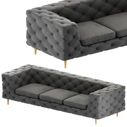"3D model of a luxurious Deep Button Black Three Seater Sofa, made with Blender 3D software. The black soft fabric and metal legs give it an elegant yet glamorous look. Perfect for those who want to impress."