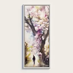 "Minimalist canvas painting featuring a person walking down a path with a blooming cherry blossom tree in the background by Wolfgang Zelmer, framed in a soft white design. Perfect for decoration and captivates emotion and movement. Ideal for use in Blender 3D projects."