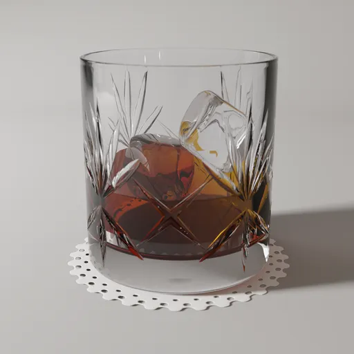 Realistic Blender 3D model of a cut-glass whiskey tumbler with ice on a detailed coaster, well-suited for render and animation.
