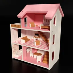 Detailed 3D model of a pink doll house with interior furniture, designed for imaginative play in Blender 3D.