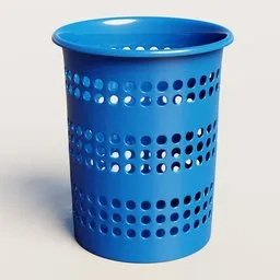 Detailed 3D model of a blue office wastebasket with circular perforations, compatible with Blender.