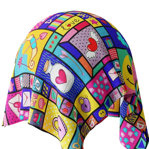 High-resolution PBR material featuring colorful patterns and heart symbols for 3D modeling in Blender.