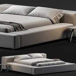 "Blender 3D model of Living Divani Extra Wall Bed in grey color scheme. The soft-bodied bed features a couch and table with unwrapped texture and applies scale. Rendered in cycles with 213,336 polys and unit measurements in centimeters."
