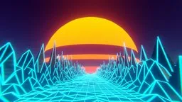 Vaporwave-inspired 3D sci-fi scene with neon grid and sunrise for Blender rendering.