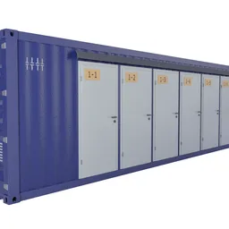 "Discover a high-quality 3D model of an industrial shipping container turned storage warehouse in Blender 3D. This detailed and modern design includes lockers, racks, and various inputs, with a navy blue finish. Perfect for any virtual industrial project."