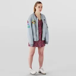 Blonde 3D female model in bomber jacket and mini dress with white sneakers, suitable for Blender 3D projects.