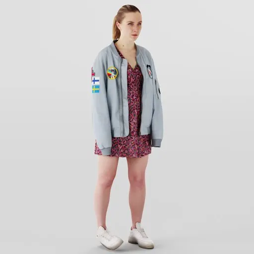 Blonde 3D female model in bomber jacket and mini dress with white sneakers, suitable for Blender 3D projects.