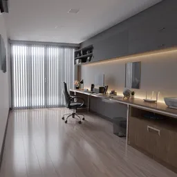 Detailed 3D model of a customizable modern office interior with individual objects available for download.