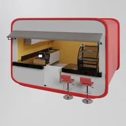 "Add a touch of retro style to your city scenes with this 3D model of a street food kitchen and bar. Featuring a vibrant red and yellow color scheme, rounded ceiling, and authentic details like a vintage device and lunch delivery logo, this high-quality model is perfect for promotional media, printing, or rendering in your favorite 3D software like Blender 3D. Download it now from Renderhub for an adorable design that's sure to catch the eye."