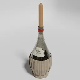 Detailed 3D model of a raffia-wrapped wine bottle with candle, perfect for Blender renderings in bar scenes.