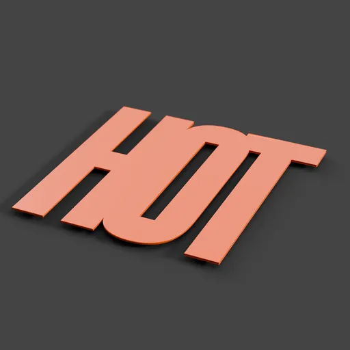 Orange 3D model of stylized text 'HOT' for Blender rendering, showcases tabletop protection.