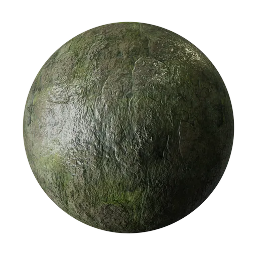 Highly detailed wet cave rock with moss texture for PBR material in 3D modeling applications, ideal for realistic Blender scenes.