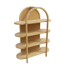 High-quality Blender 3D model of a curved wooden bookshelf with textured rattan back, no background.