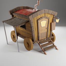 Detailed Blender 3D model of a wooden medieval merchant cart, featuring stylized textures and design.