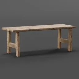 "Medieval wooden bench with a sturdy base, perfect for adding character to your 3D scenes. Created with Blender 3D and modeled with attention to detail, this bench is part of the chair-table-set category."