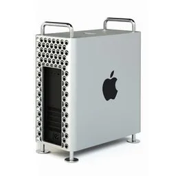 "Professional-grade Mac Pro 3D model with metal case, textured for direct use in Blender 3D. Features front, back, and side views, inspired by John Brack's iconic imagery. Perfect for desktop category projects, such as servers and workstations."