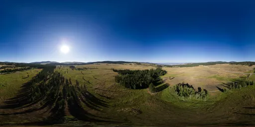 Aerial HDR panorama of vibrant green fields and trees with clear sunny skies for scene lighting.