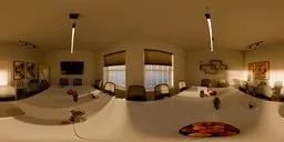 360-degree HDR panorama of a modern conference room with a white table, black chairs, wall art, and grey blinds.