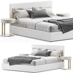 Alt text: "Blender 3D model of Bed S8 Evita in grey and white with nightstand. Inspired by designer Giorgio Cavallon and featuring a clean and sleek Swedish style. Dimensions are 217cm x 180cm x 97cm, and includes 554,765 polygons."