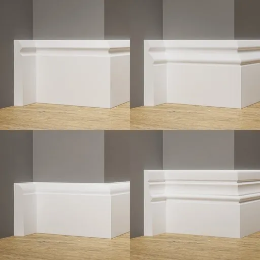 Detailed Blender 3D model render showcasing four baseboard molding profiles for interior design.