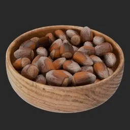 Realistic 3D-rendered chestnuts in a textured wooden bowl optimized for Blender, featuring detailed maps.