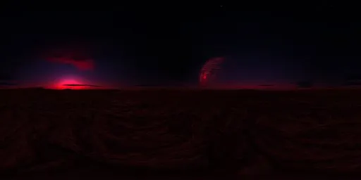 Dusk-toned HDR lighting for 3D renders, featuring an extraterrestrial horizon with a rising moon and star-studded sky.