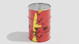 Distressed red 3D oil drum with yellow detail, for industrial design projects, available for Blender rendering.