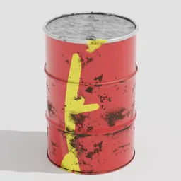 "Industrial oil drum 3D model for Blender 3D software, featuring a dirty and weathered appearance with a red barrel and yellow arrow design. Perfect for game and artistic projects."